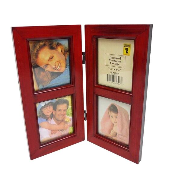 Treasured Memories Cherry Wood Look Table Top Wall Hanging 4 Opening Photo Frame - Picture 1 of 6
